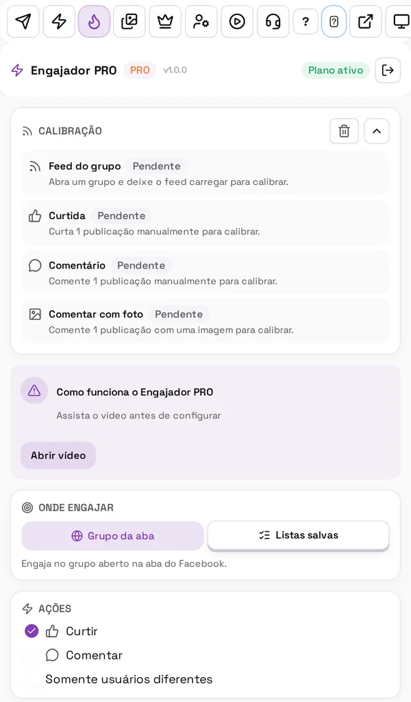 Novo painel lateral do QuantumFlow com calibração e ações do Engajador PRO