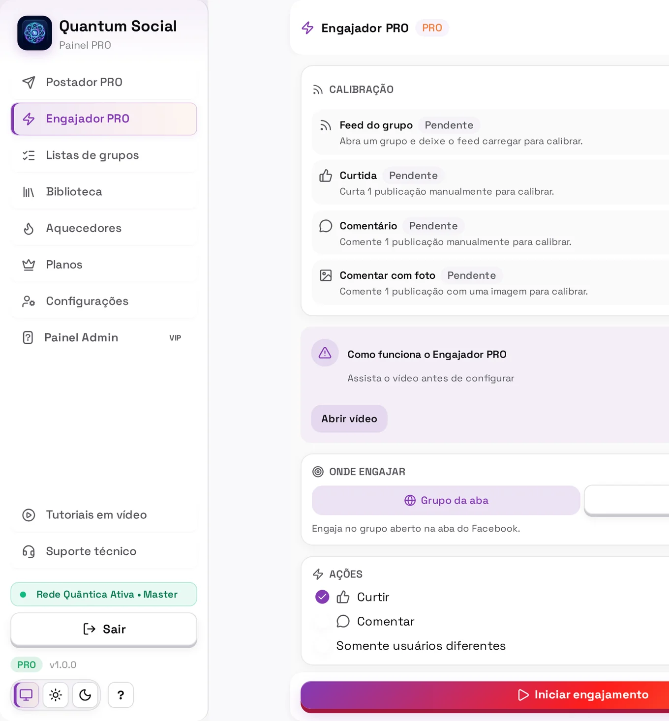 Novo Quantum Studio com as opções de curtidas e comentários do Engajador PRO